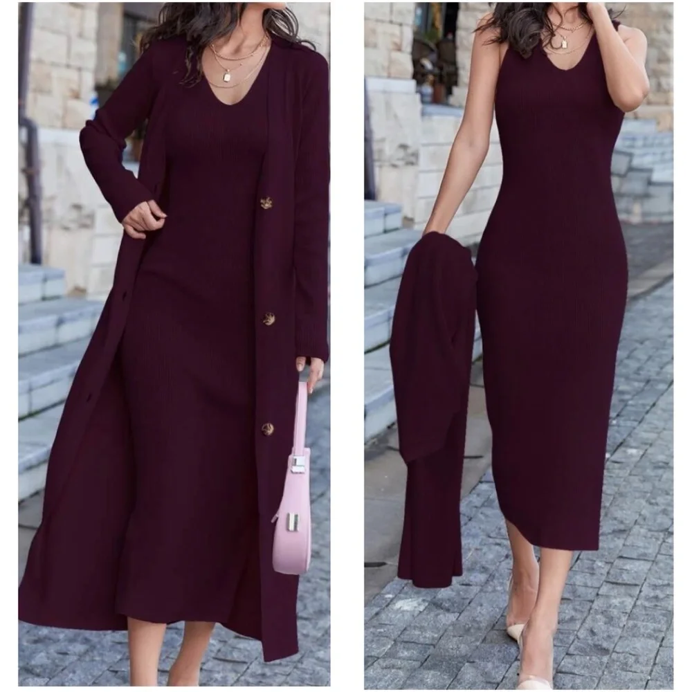 Classic Sleeveless Midi Dress Button Down Long Cardigan Set - Picture 7 of 11